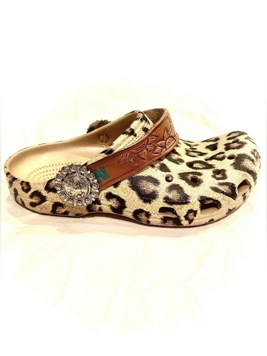 CROCS Shoes - CROCS Custom Strap Cowgirl Concho Clogs Tooled Leather Leopard Print 6
